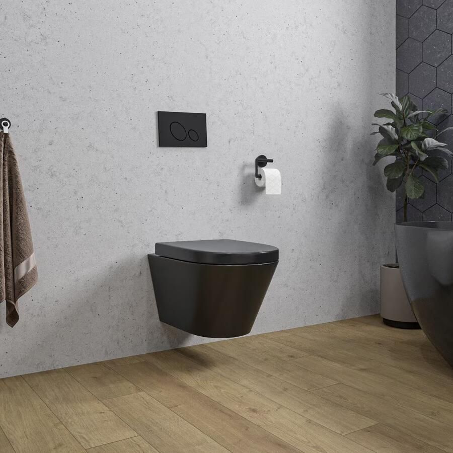 Wiesbaden Wandcloset Stereo | 53 cm | Rimless | Incl.Toiletzitting | Keramiek | Zwart mat