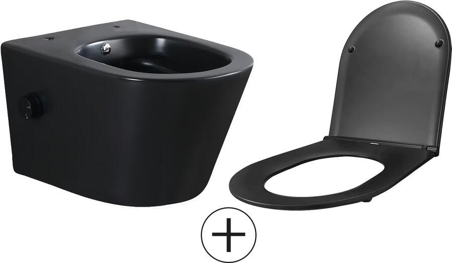 Wiesbaden Wandcloset Vesta | 52 cm | Rimless | Bidet functie-koud water | Incl.Toiletzitting | Keramiek | Mat zwart - Foto 3