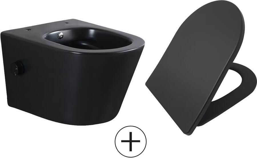 Wiesbaden Wandcloset Vesta | 52 cm | Rimless | Bidet functie-koud water | Incl.Toiletzitting | Keramiek | Mat zwart - Foto 3