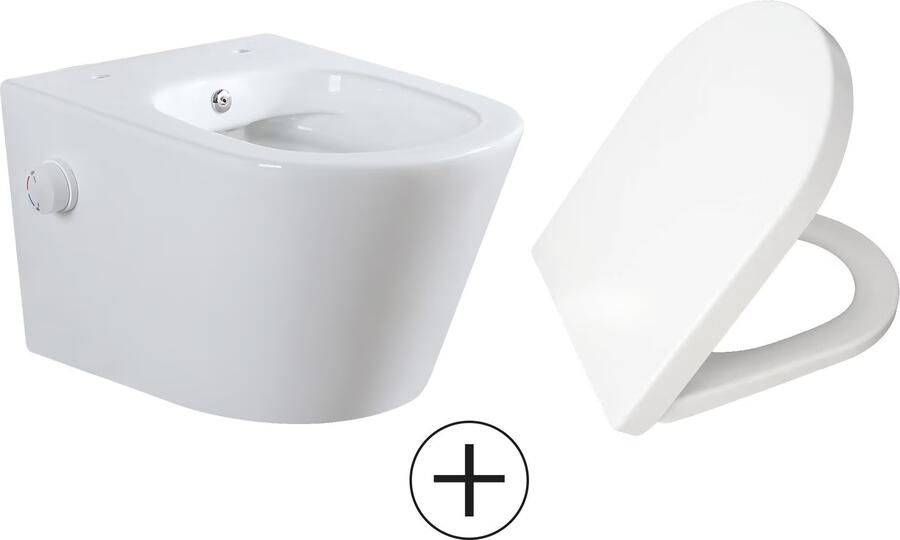 Wiesbaden Wandcloset Vesta | 52 cm | Rimless | Bidet functie-warm en koud water | Incl.Toiletzitting | Keramiek | Glans wit