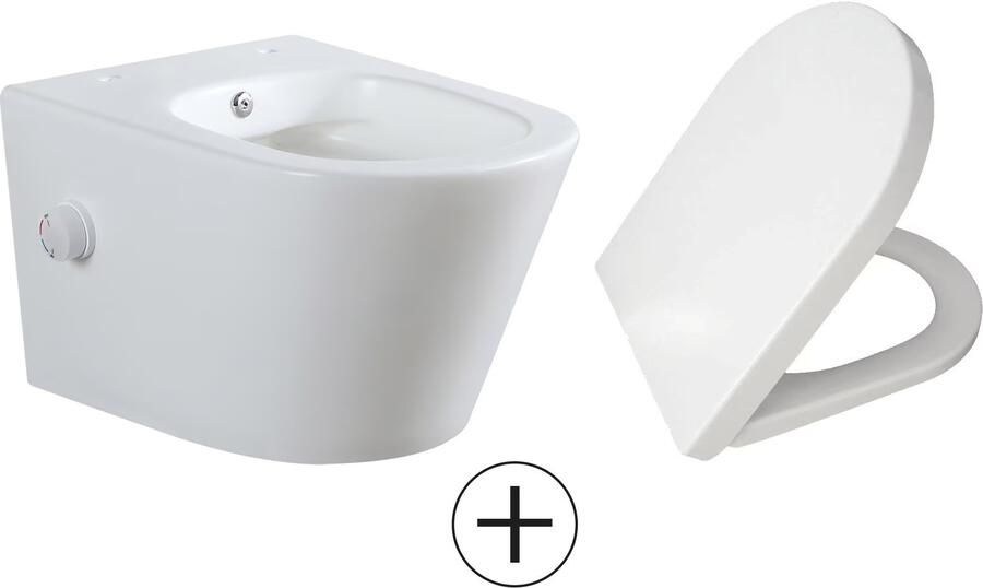 Wiesbaden Wandcloset Vesta | 52 cm | Rimless | Bidet functie-warm en koud water | Incl.Toiletzitting | Keramiek | Mat wit