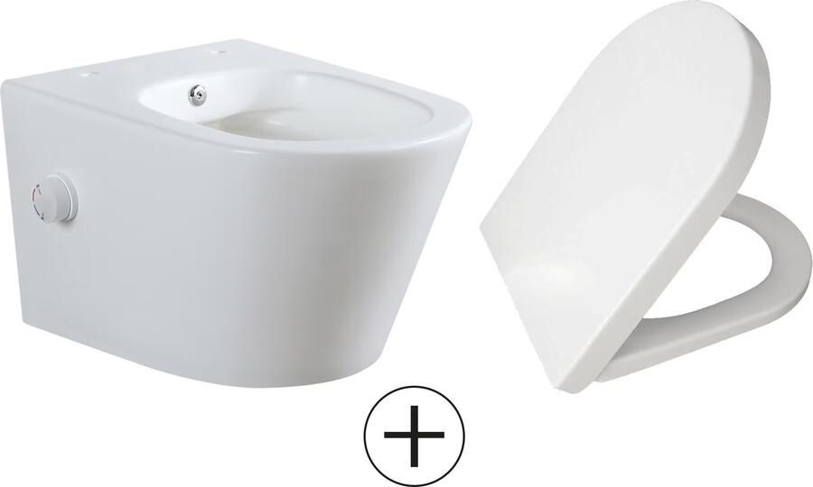 Wiesbaden Wandcloset Vesta | 52 cm | Rimless | Bidet functie-warm en koud water | Incl.Toiletzitting | Keramiek | Mat wit