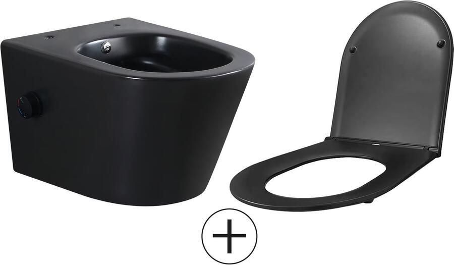 Wiesbaden Wandcloset Vesta | 52 cm | Rimless | Bidet functie-warm en koud water | Incl.Toiletzitting | Keramiek | Mat zwart - Foto 2