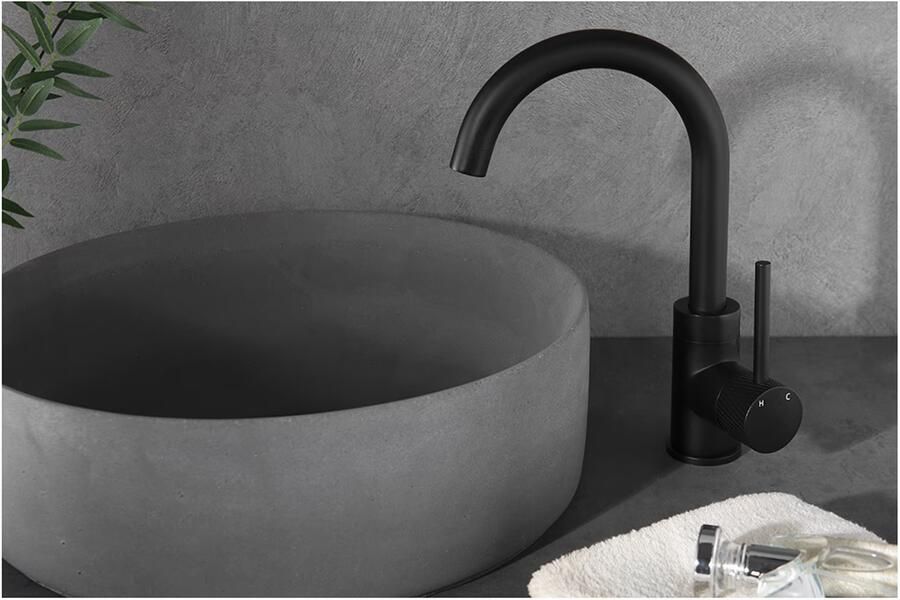 Wiesbaden Wastafelkraan Ribbd | Opbouw | Draaibare uitloop | Mengkraan | Hoog model | 1-hendel | Rond | Zwart mat - Foto 3