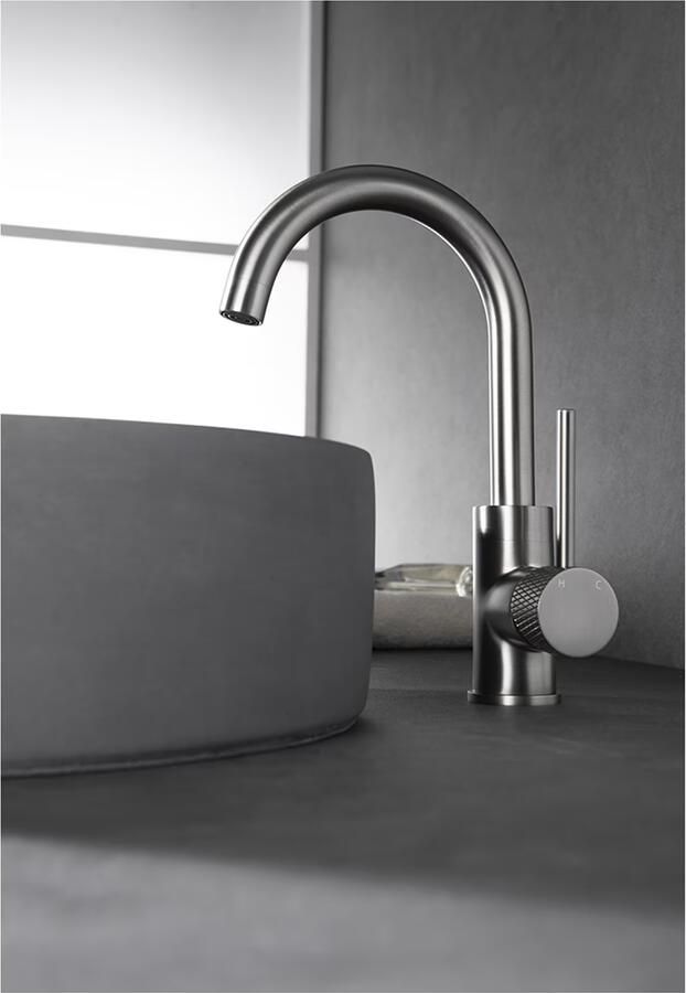 Wiesbaden Wastafelkraan Ribbd | Opbouw | Draaibare uitloop | Mengkraan | Hoog model | 1-hendel | Rond | Geborsteld staal PVD - Foto 3