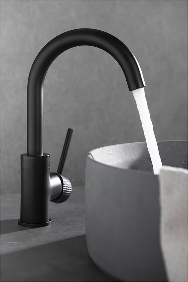 Wiesbaden Wastafelkraan Ribbd | Opbouw | Draaibare uitloop | Mengkraan | Hoog model | 1-hendel | Rond | Zwart mat - Foto 2