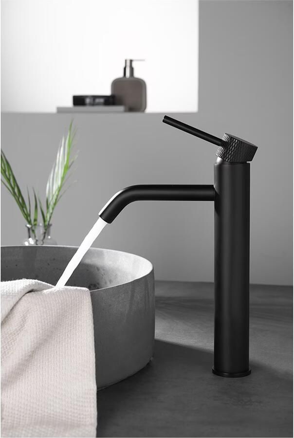 Wiesbaden Wastafelkraan Ribbd | Opbouw | Draaibare uitloop | Mengkraan | Hoog model | 1-hendel | Rond | Zwart mat - Foto 2