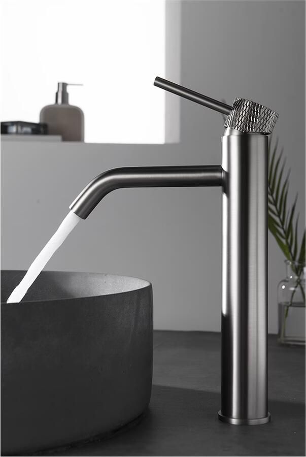 Wiesbaden Wastafelkraan Ribbd | Opbouw | Draaibare uitloop | Mengkraan | Hoog model | 1-hendel | Rond | Geborsteld staal PVD - Foto 2