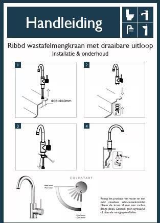 Wiesbaden Wastafelkraan Ribbd | Opbouw | Draaibare uitloop | Mengkraan | Hoog model | 1-hendel | Rond | Chroom - Foto 2