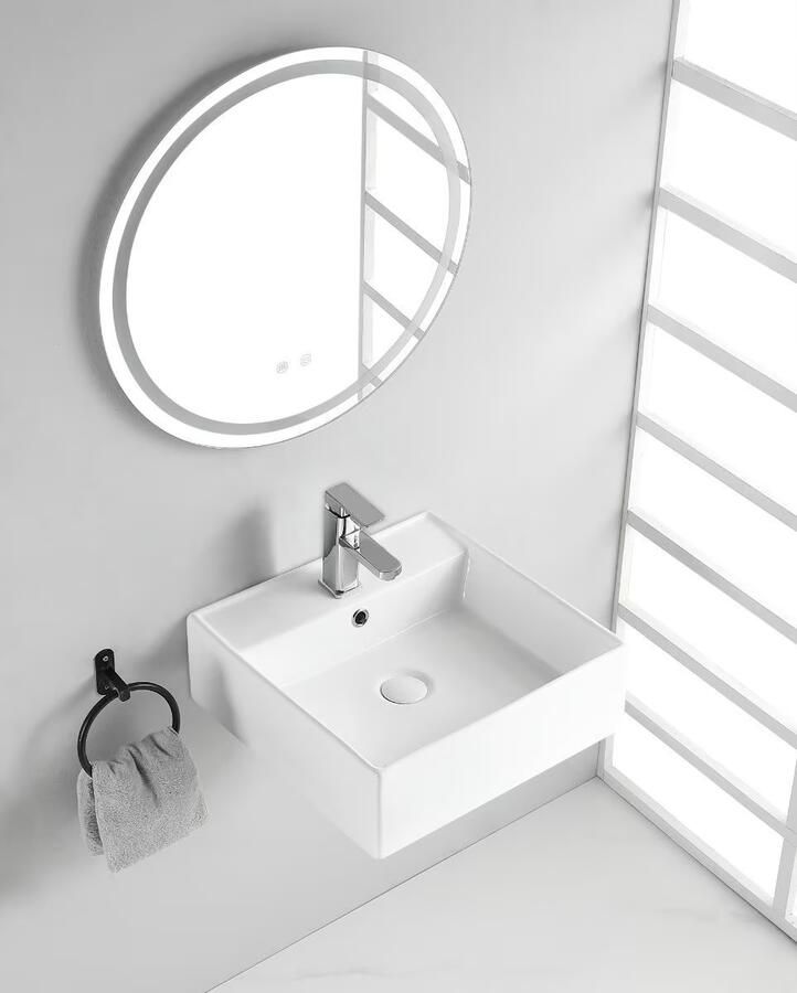 Xellanz Wastafel Opbouw Hangend Larx Vierkant 46x46x16.5cm Opzetwastafel Keramiek Glans Wit 1 Kraangat Overloop - Foto 4