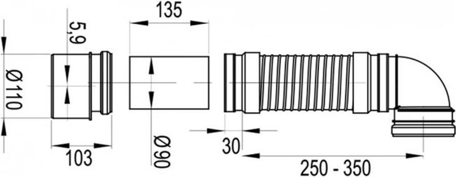 WISA Flexifon afvoer inbouw flexibel universeel 2x 110mm aansluitdiameter 300 650mm lengte kunststof zwart