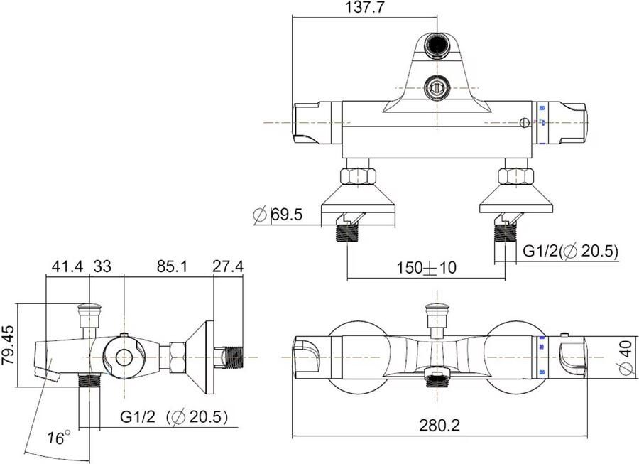 Xellanz Badkraan Universal 15cm Hartafstand Thermostatisch Opbouw Rond Chroom 2 Greeps met Onderuitloop - Foto 2