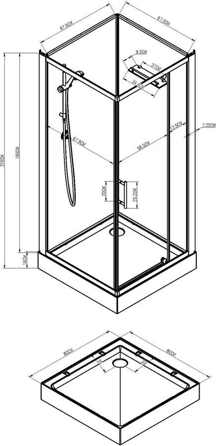 Xellanz Domino complete douchecabine 80x80x210 aluminium mat chroom profielen