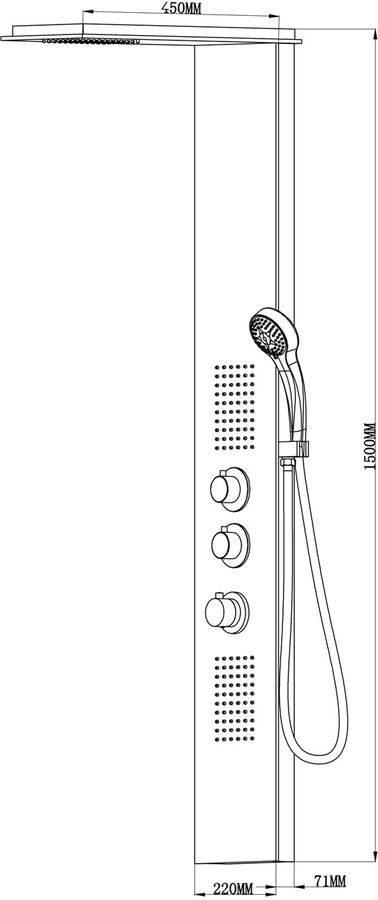 Xellanz Douchepaneel Ontario | Opbouw | 150x22 cm | Thermostaatkraan | 3-knops | Vierkant | Geborsteld staal - Foto 2