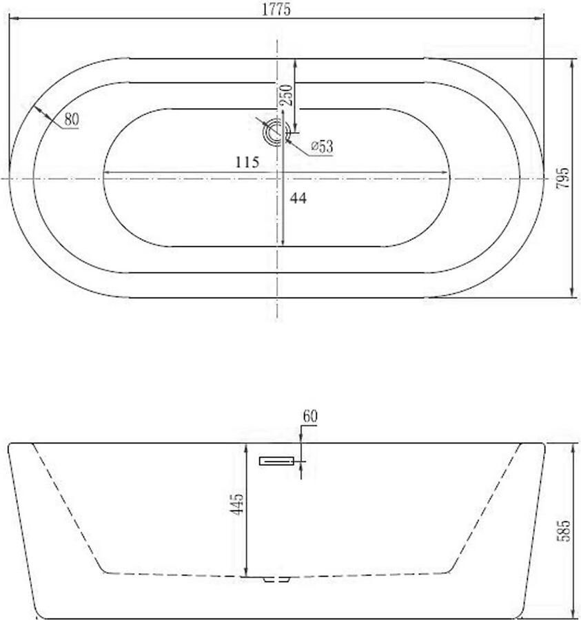 Xellanz Ligbad Vrijstaand Nero Ovaal 80x178x55cm Glasvezelversterkt Hoogwaardig Acryl Glans Zwart Wit met Badwaste en Overloop