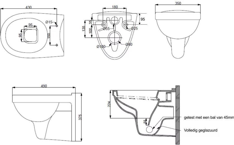 Xellanz Wandcloset Trevi | 49 cm | Met spoelrand | Incl.Toiletbril | Keramiek | Wit glans