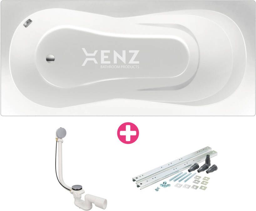 Xenz Ligbad Curacao | Inbouw | 175x80 cm | Incl.Badafvoer | Met overloop | Acryl | Glans wit