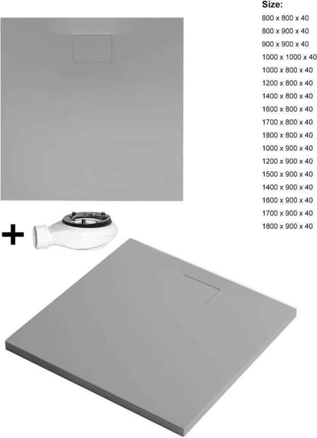 Xenz Douchevloer Flat Zero | 180x80x4 | Incl.Afvoersifon-Chroom | Acryl | Rechthoekig | Cement