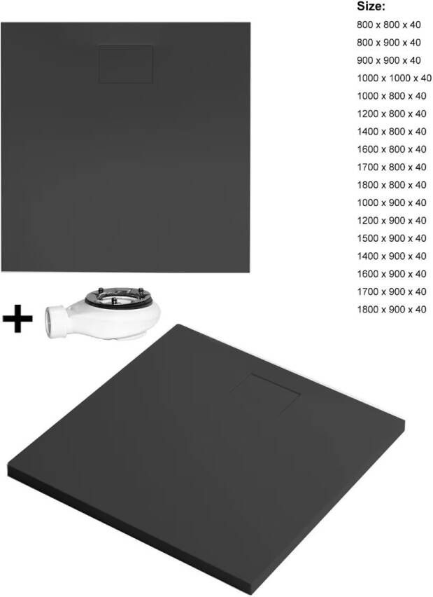 Xenz Douchevloer Flat Zero | 180x80x4 | Incl.Afvoersifon-Chroom | Acryl | Rechthoekig | Ebony (zwart mat)