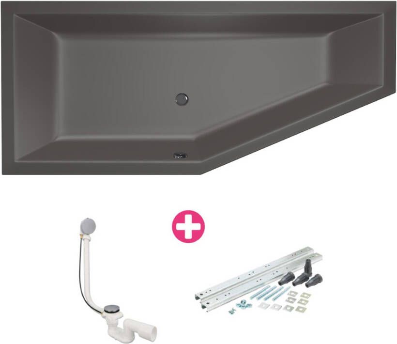 Xenz Ruimtebesparend bad Society compact | Links | 180x80 cm | Incl.Badafvoer | Met overloop | Acryl | Antraciet mat