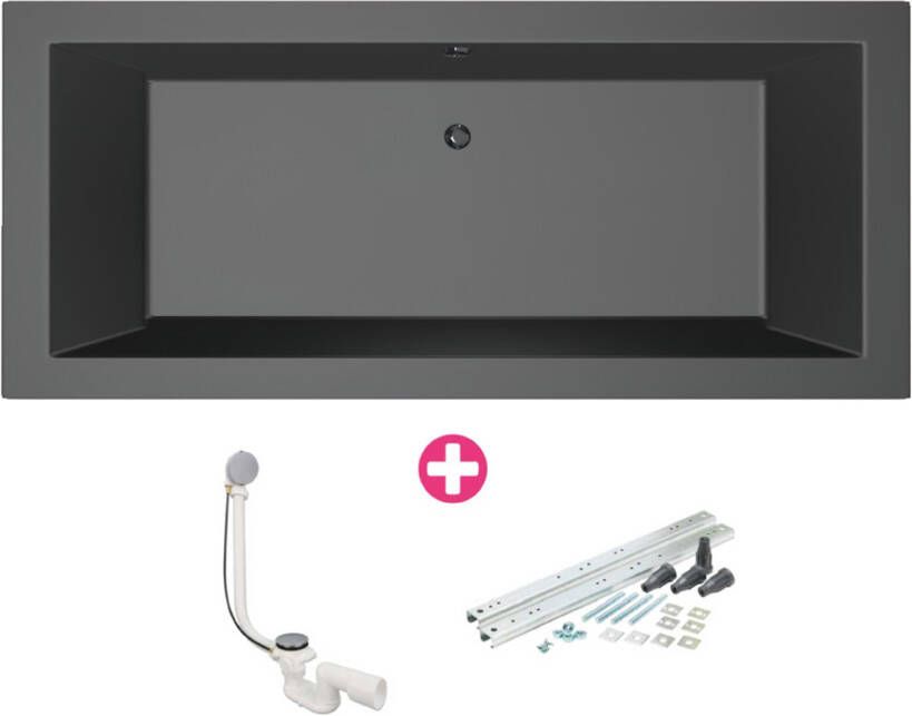 Xenz Ligbad Society | Inbouw | 180x90 cm | Incl.Badafvoer | Met overloop | Acryl | Zwart mat