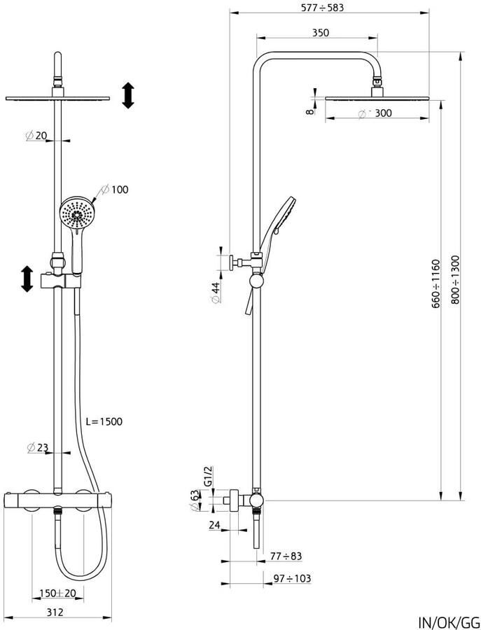 Xenz Duero regendouche set thermostaatkraan 2-weg messing goud geborsteld