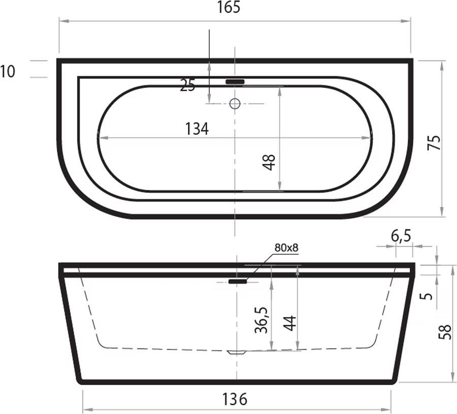 Xenz Half-vrijstaand bad Charley | 165x76 cm | Incl.Badafvoer-Mat wit | Sleuf overloop | Acryl | Mat wit