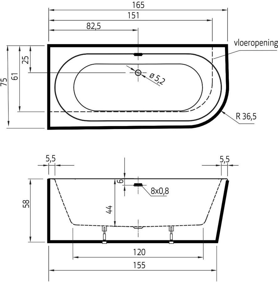 Xenz Half-vrijstaand bad Charley | 165x76 cm | Links | Incl.Badafvoer-Glans wit | Sleuf overloop | Acryl | Glans wit
