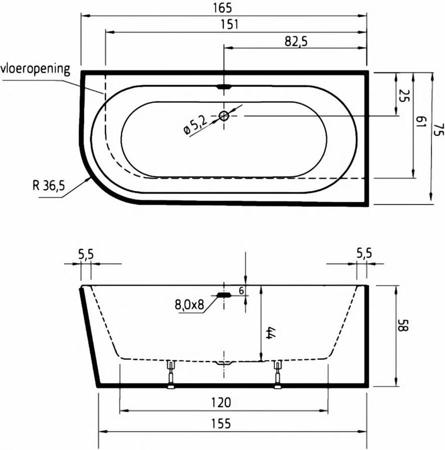 Xenz Half-vrijstaand bad Charley | 165x76 cm | Rechts | Incl.Badafvoer-Glans wit | Sleuf overloop | Acryl | Glans wit