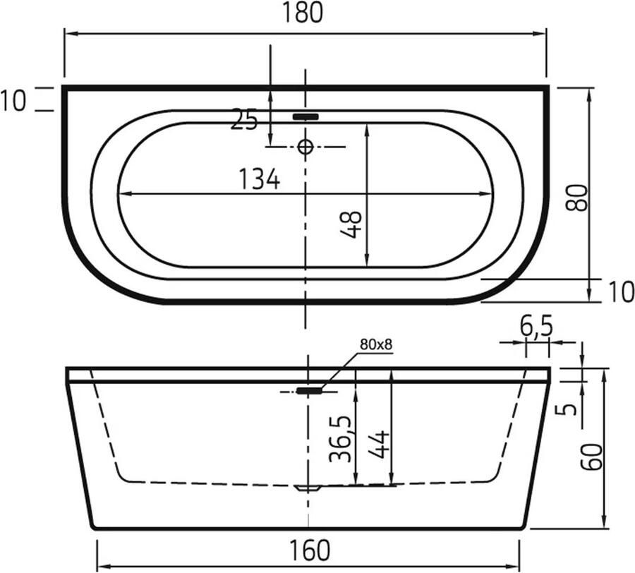 Xenz Half-vrijstaand bad Charley | 180x80 cm | Incl.Badafvoer-Glans wit | Sleuf overloop | Acryl | Glans wit