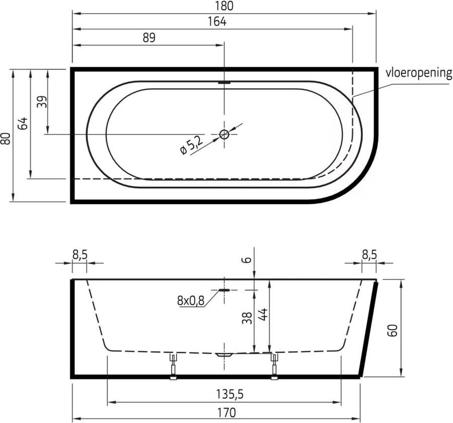 Xenz Charley hoekbad links vrijstaand bad 180x80x60 edelweiss incl. 7006 badafvoer vulcombinatie chroom 7016 03 VC