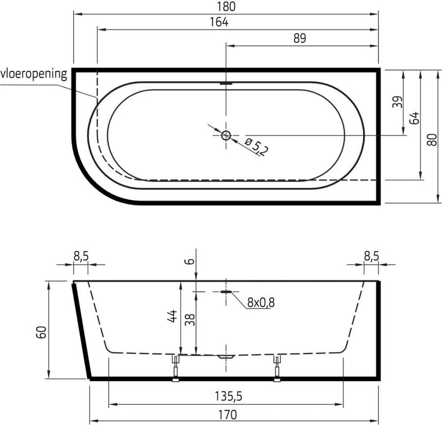 Xenz Half-vrijstaand bad Charley | 180x80 cm | Rechts | Incl.Badafvoer-Mat wit | Sleuf overloop | Acryl | Mat wit