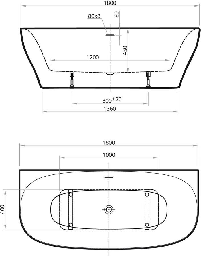 Xenz Half-vrijstaand bad Dion | 180x80 cm | Incl.Badafvoer-Glans wit | Sleuf overloop | Acryl | Glans wit