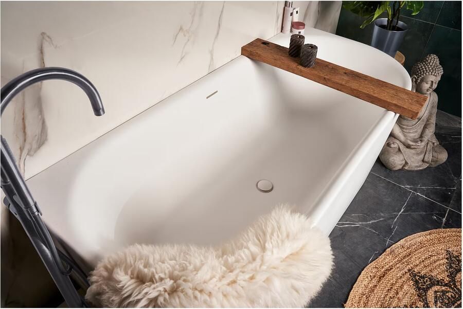 Xenz Half-vrijstaand bad Fay | 180x80 cm | Incl.Badafvoer-Glans wit | Sleuf overloop | Acryl | Glans wit