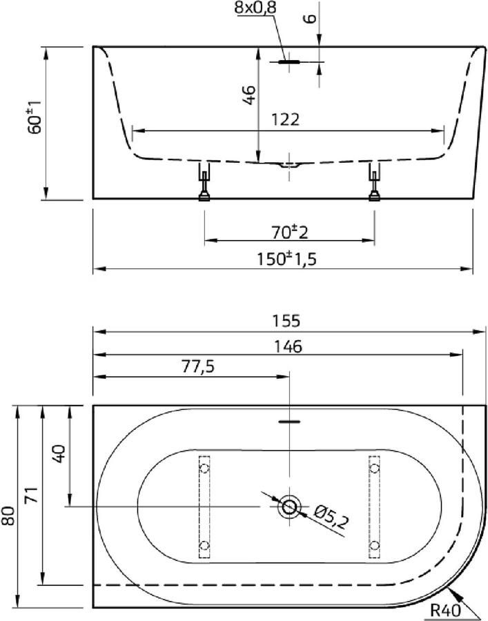 Xenz Half-vrijstaand bad Fay XS | 155x80 cm | Links | Incl.Badafvoer-Glans wit | Sleuf overloop | Acryl | Glans wit