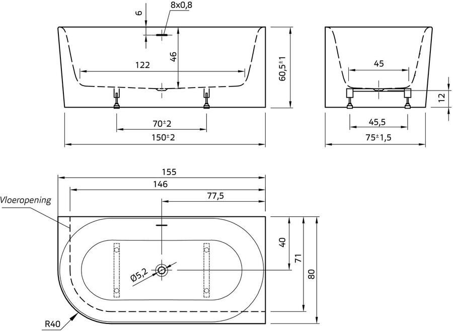 Xenz Half-vrijstaand bad Fay XS | 155x80 cm | Rechts | Incl.Badafvoer-Mat wit | Sleuf overloop | Acryl | Mat wit
