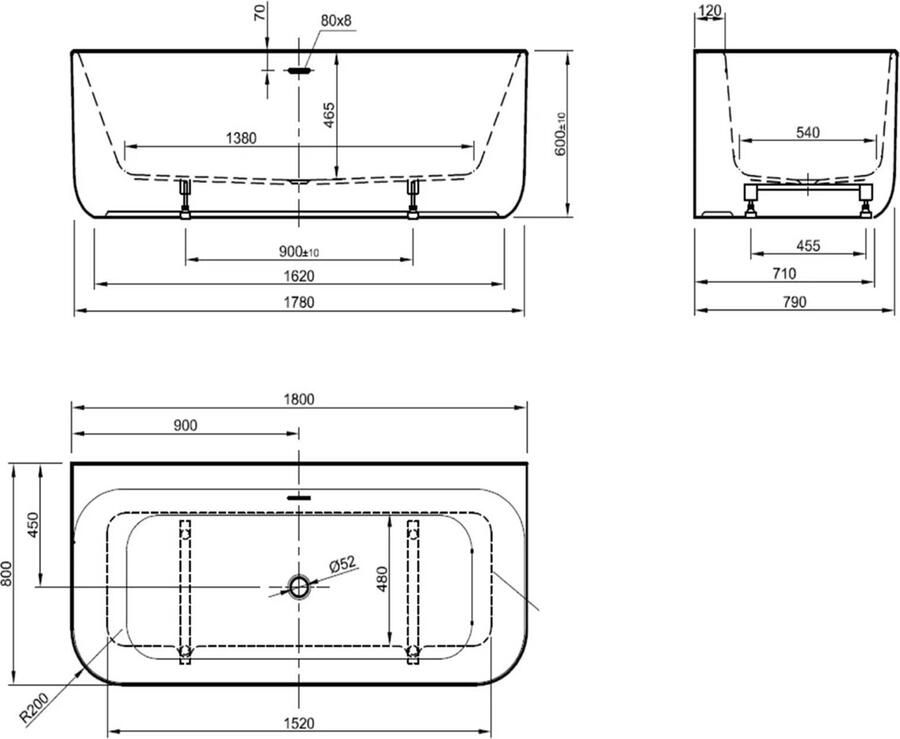 Xenz Half-vrijstaand bad Taylor | 180x80 cm | Incl.Badafvoer-Zwart mat | Sleuf overloop | Acryl | Glans wit - Foto 3