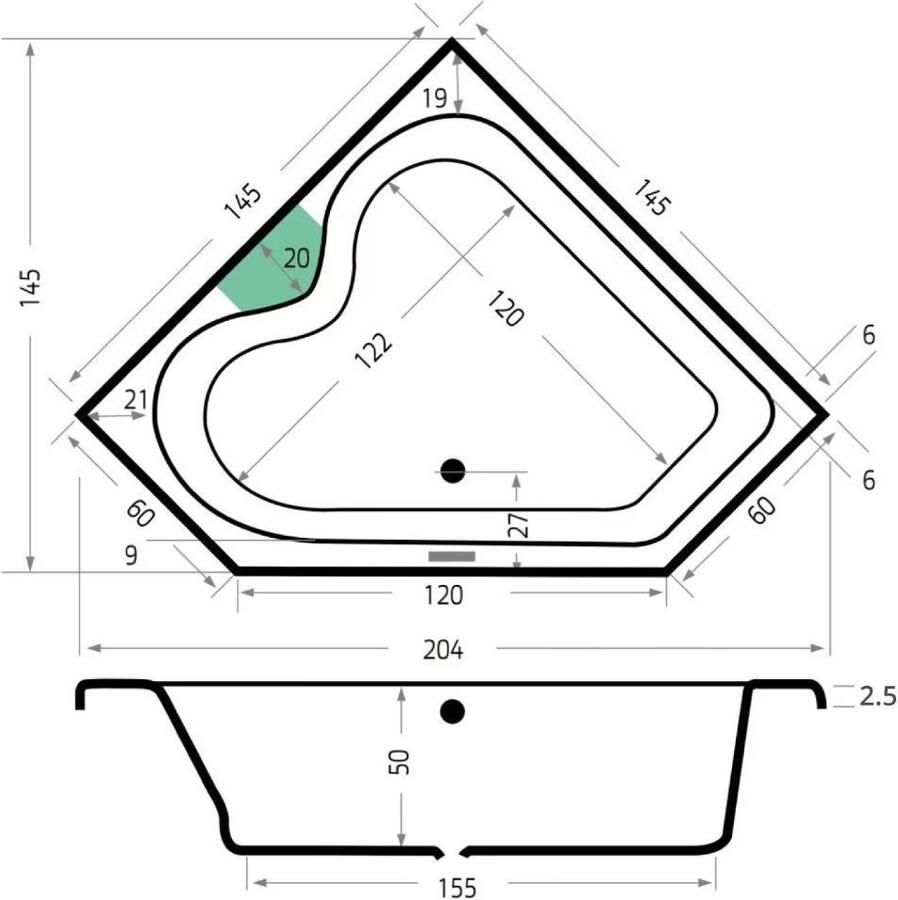 Xenz Ligbad Inbouw Cyprus Hoekbad 1-2 Persoons Duobad 145x145x50cm Acryl Wit Hoogglans met Poten - Foto 2