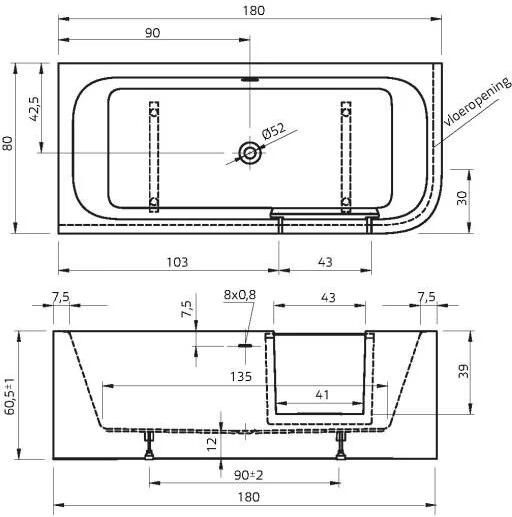 Xenz Inloop douchebad Go! | Links | 180x80 cm | Acryl | Incl. waterval vulcombi | Glans wit - Foto 2