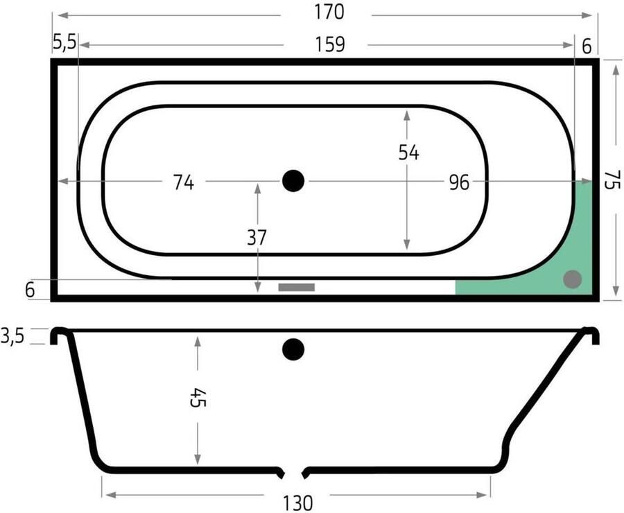 Xenz Ligbad Aruba | Inbouw | 170x75 cm | Incl.Badafvoer | Met overloop | Acryl | Antraciet mat