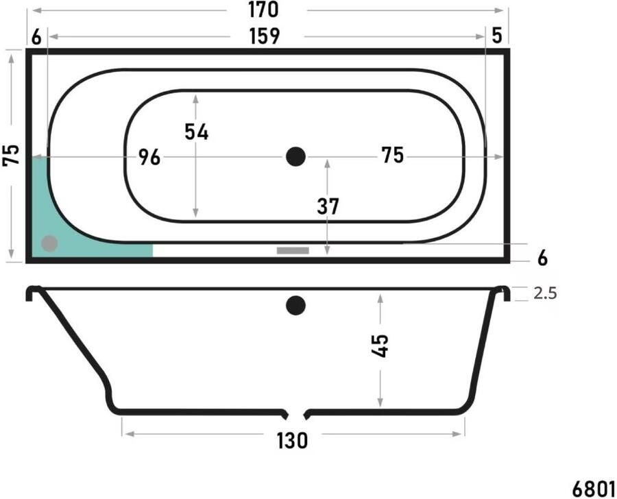 Xenz Ligbad Inbouw Aruba Rechthoek 1-2 Persoons Duobad 80x190x45cm Acryl Cement Mat met Poten - Foto 3