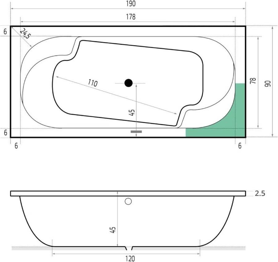 Xenz Ligbad Parel | Inbouw | 190x90 cm | Incl.Badafvoer | Met overloop | Acryl | Mat wit