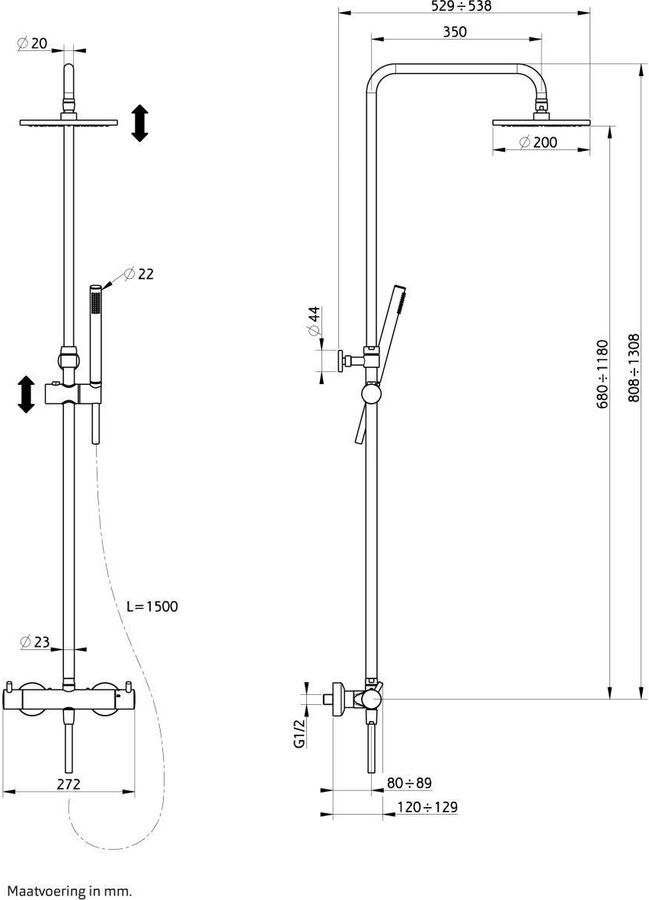 Xenz Regendouche set Duero | Opbouw | 20 cm | Thermostaatkraan | Telescopisch | Oud koper