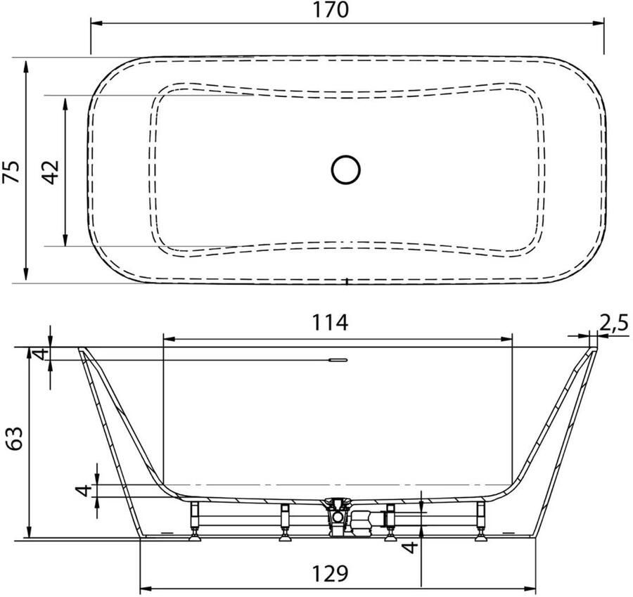 Xenz Vrijstaand bad Cristiano | 170x75 cm | Incl.badafvoer-Wit mat | Solid surface | Zwart mat-Wit mat
