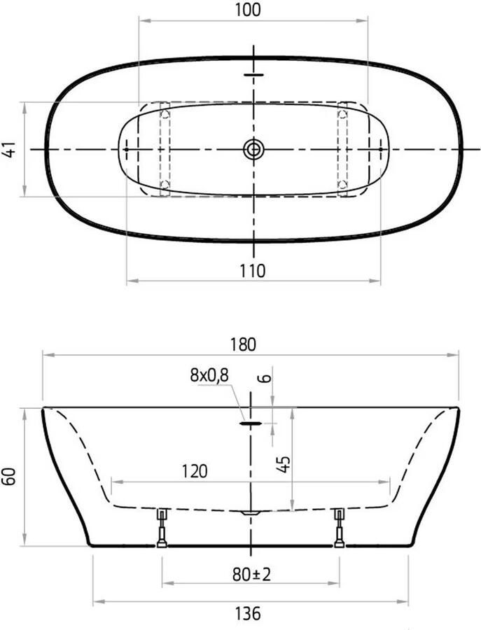 Xenz Vrijstaand bad Daan | 180x80 | Incl.Badafvoer-Mat wit | Sleuf overloop | Mat wit