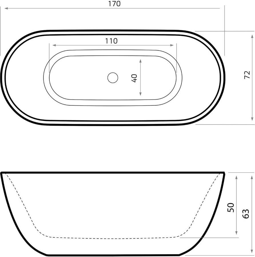 Xenz Vrijstaand bad Humberto | 170x72 cm | Incl.Badafvoer-Mat wit | Solid surface | Zwart mat-Mat wit