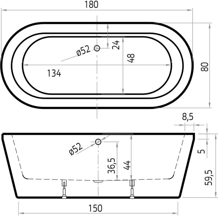 Xenz Ligbad Vrijstaand Luca Ovaal 1-2 Persoons Duobad 80x180x60cm Acryl Hoogglans Wit met Poten en Afvoer - Foto 2