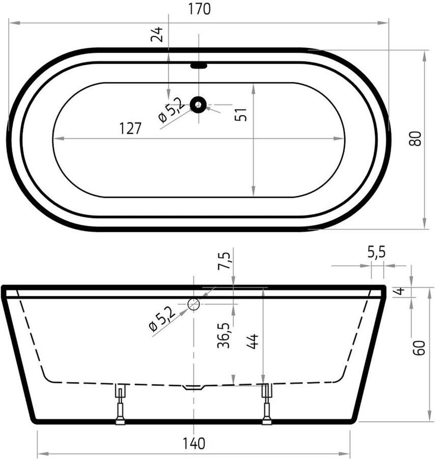 Xenz Vrijstaand bad Noa | 170x80 cm | Incl.Badafvoer-Wit mat | Sleuf overloop | Acryl | Ovaal | Wit mat