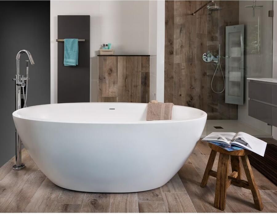 Xenz Vrijstaand bad Sio | 180x90 | Incl.Badafvoer-Wit mat | Solid surface | Ovaal | Grafiet-Wit mat - Foto 2