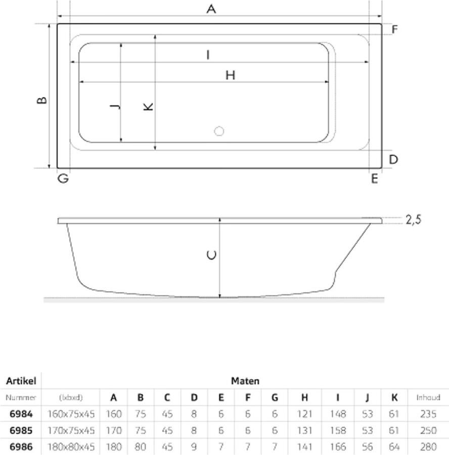 Xenz Whirlpool bad Kristal | 180x80 cm | Acryl | Pneumatisch | Waterjetsysteem | Glans wit